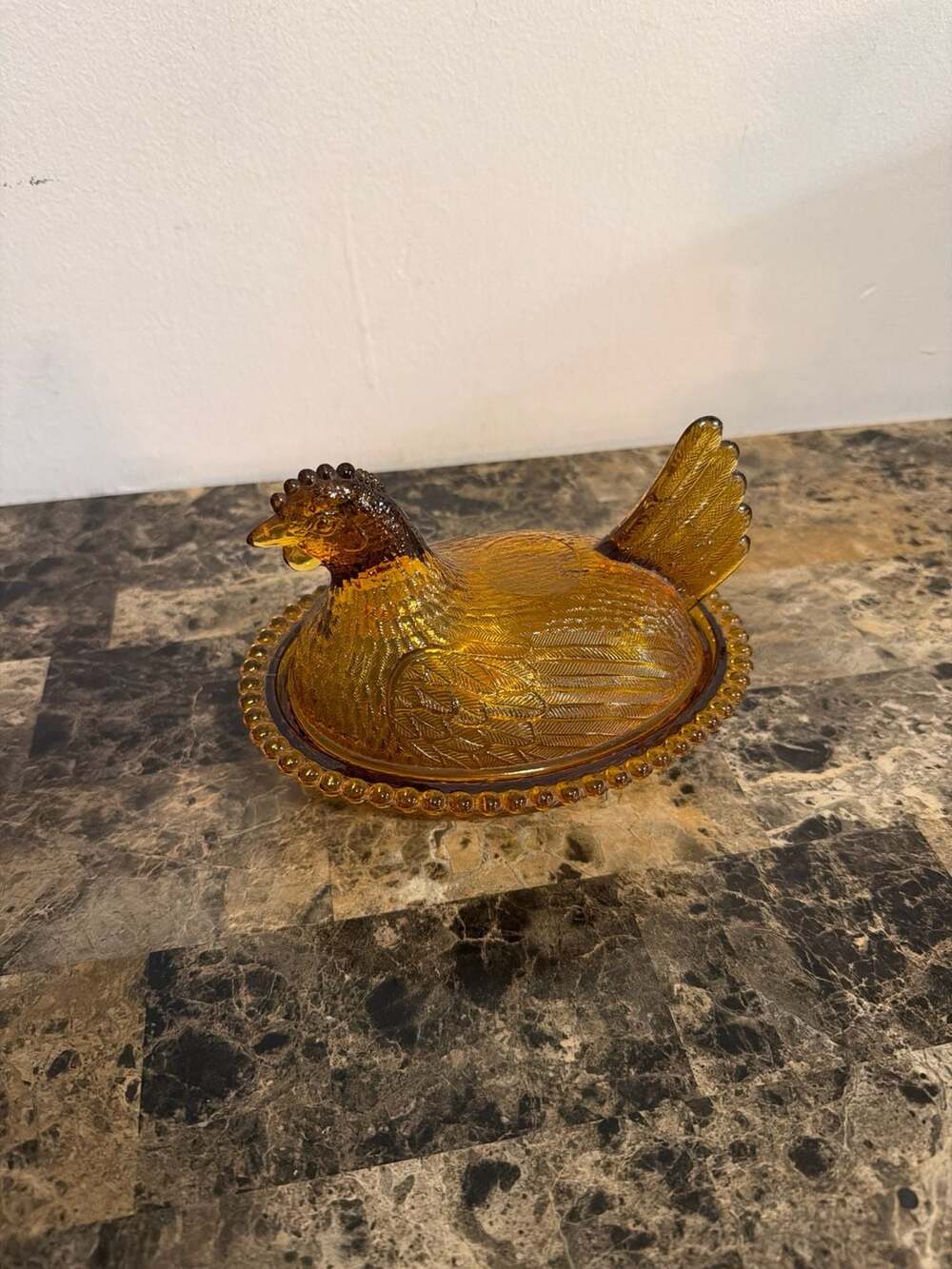 Vintage Indiana Glass Amber Hen on Nest Covered Dish, 7"